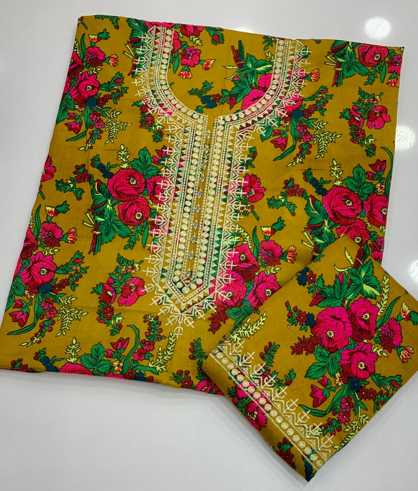 Winter 2-Piece Acrylic Marina Floral Print Suit with Zari Mirror Work