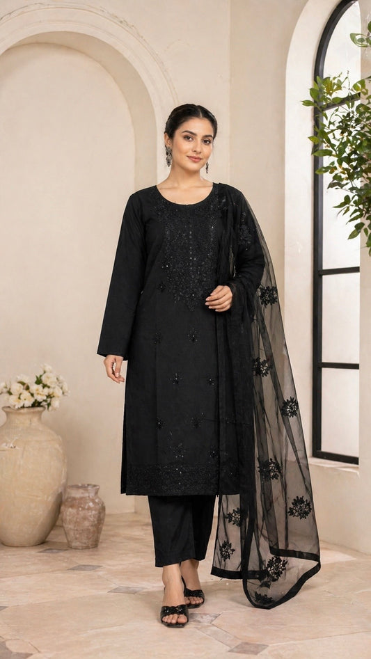 Black 3MM Sitara Thick Thread Embroidery Lawn Cotton with Chiffon Dupatta - 3PC Unstitch Dress – Elegant Party Wear