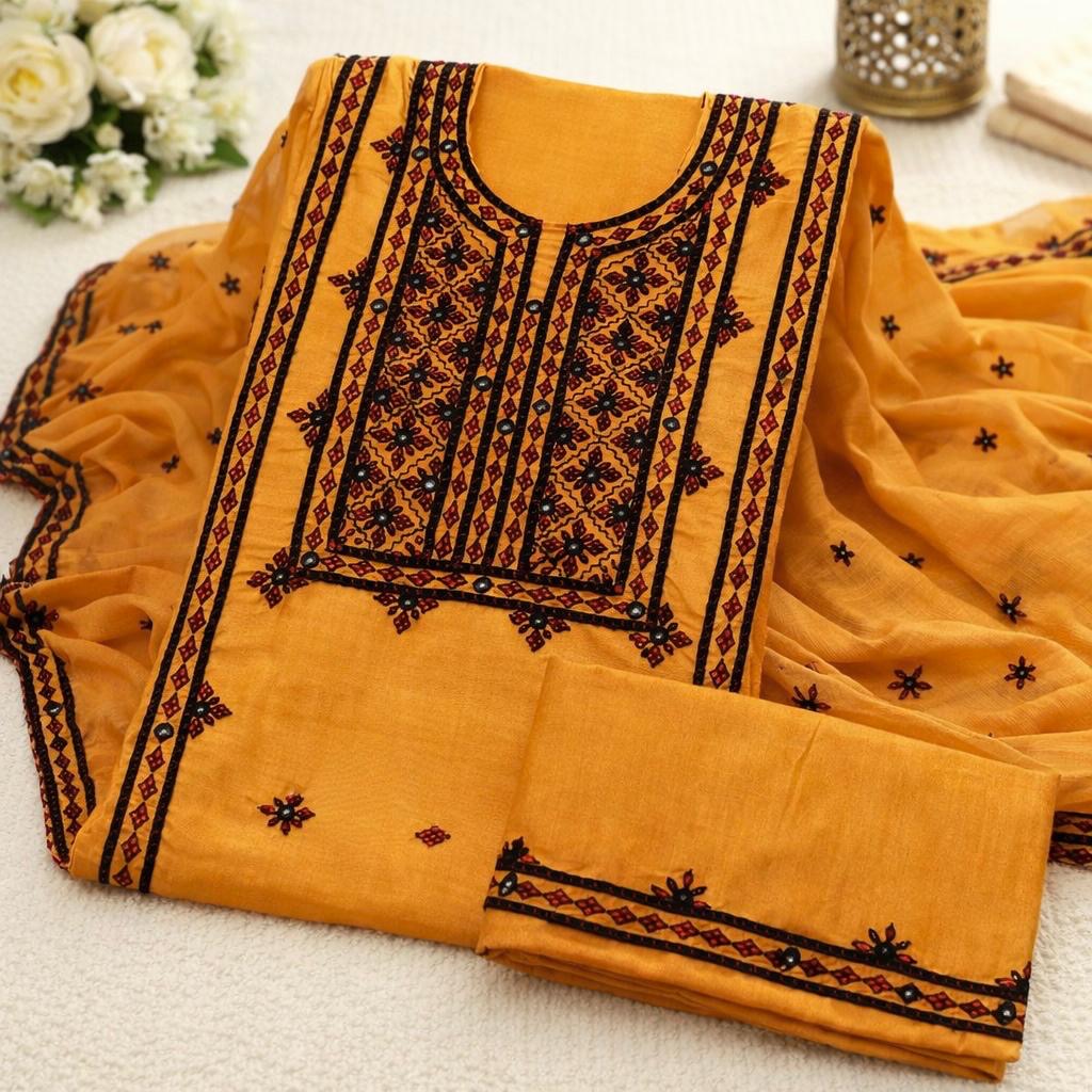 Pure Handmade Balochi Embroidered Unstitched 3-Piece Suit with Original Mirror Work