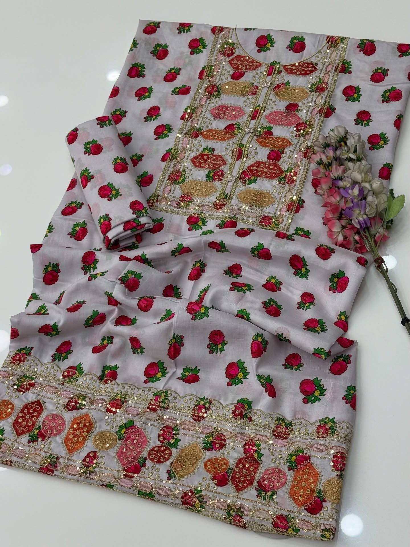 Acrylic Marina Floral Printed 2 Piece Unstitched Suit with Sequence Sitara Work Embroidery
