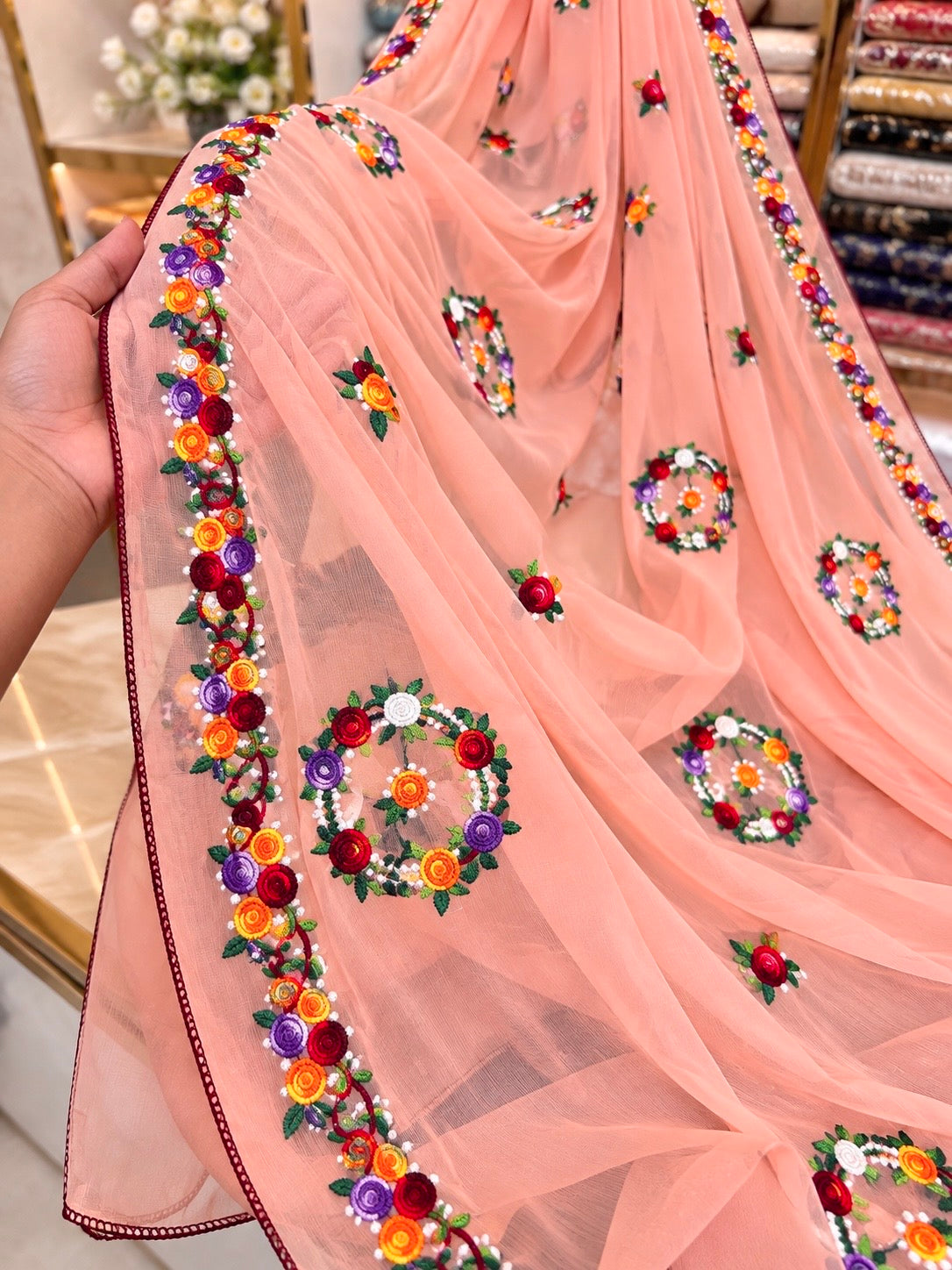 China Krinkle Chiffon Multi Flower Thick Thread Embroidered Ladies Chader