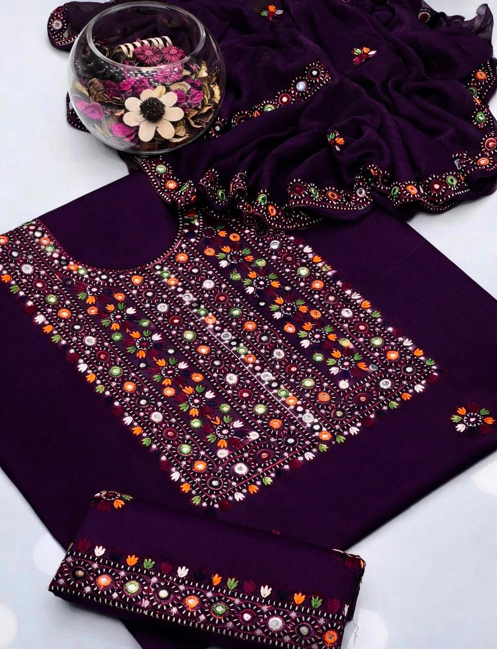 Balochi Multi Thick Thread 9MM Sitara Heavy Embroidered Lawn Cotton with Chiffon Dupatta – 3PC Unstitched Dress