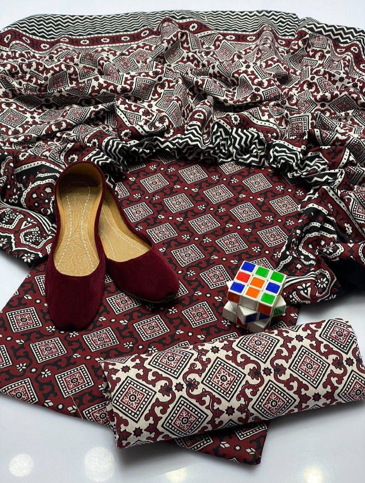 Ajrak Block Print 3 Piece Dress – Soft Winter Cotton Fabric