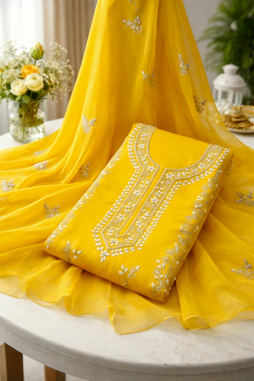 Handmade Applique Leaf, Zari & Pearl Work Lawn Fabric With Chiffon Dupatta 3PC Dress