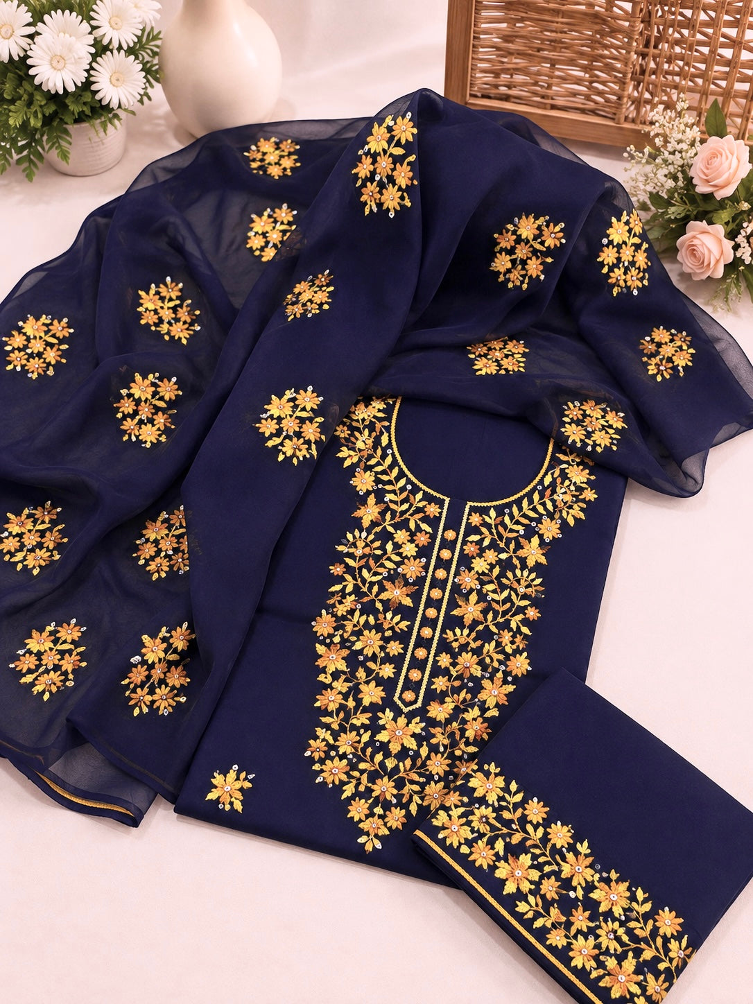3MM Sitara Two-Tone Thick Thread Machine Embroidered Soft Cotton with Chiffon Dupatta - 3PC Unstitch Dress 👗