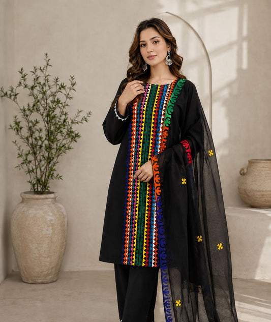 Applique Multi Zig Zag Front Panel Handmade Soft Cotton with Chiffon Dupatta - 3PC Unstitch Dress 👗