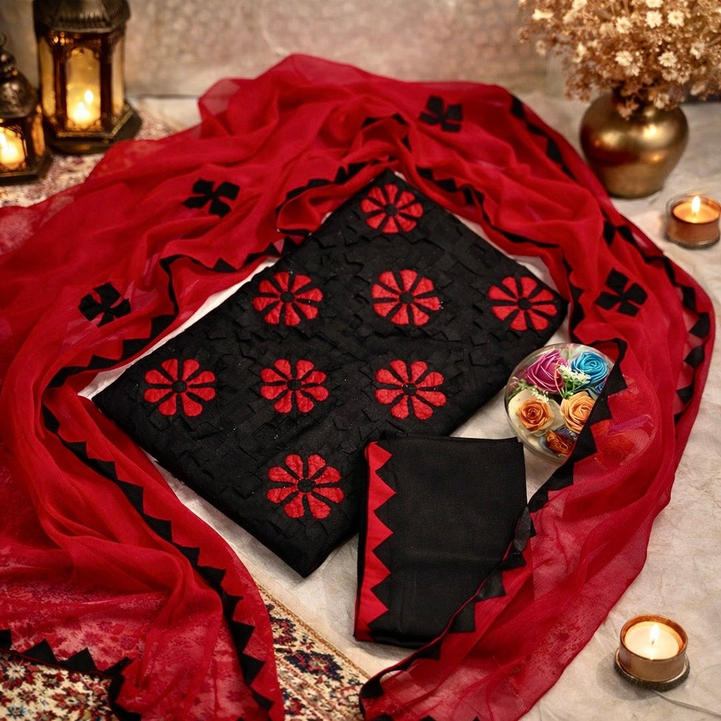 Handcrafted Soft Cotton Applique Work 3-Piece Unstitched Dress with Net Front Panel & Chiffon Dupatta