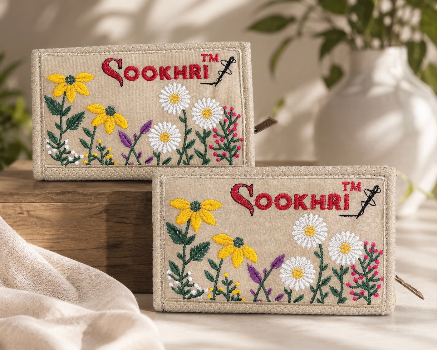 SOOKHRI Embroidered Velvet Clutch – Floral Zipper Wallet (Pair of 2)