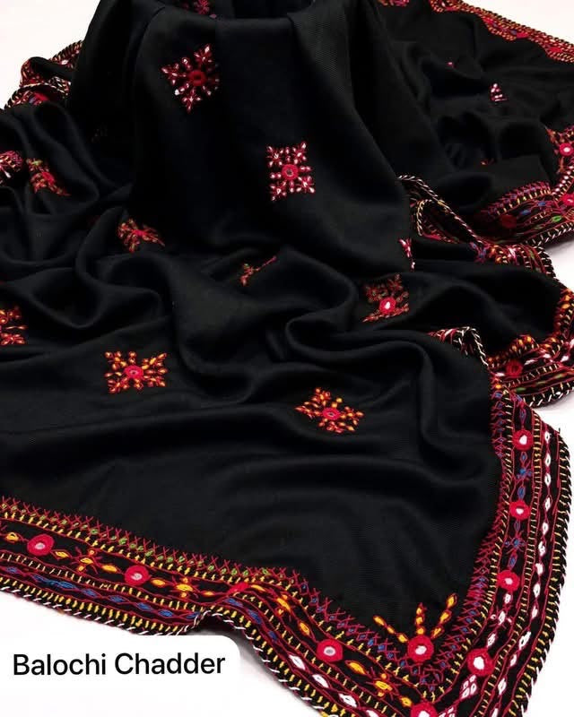 Balochi Handmade Original Mirror Work Four Side Border Swiss Voil Ladies Chadar – Full Size Traditional Shawl
