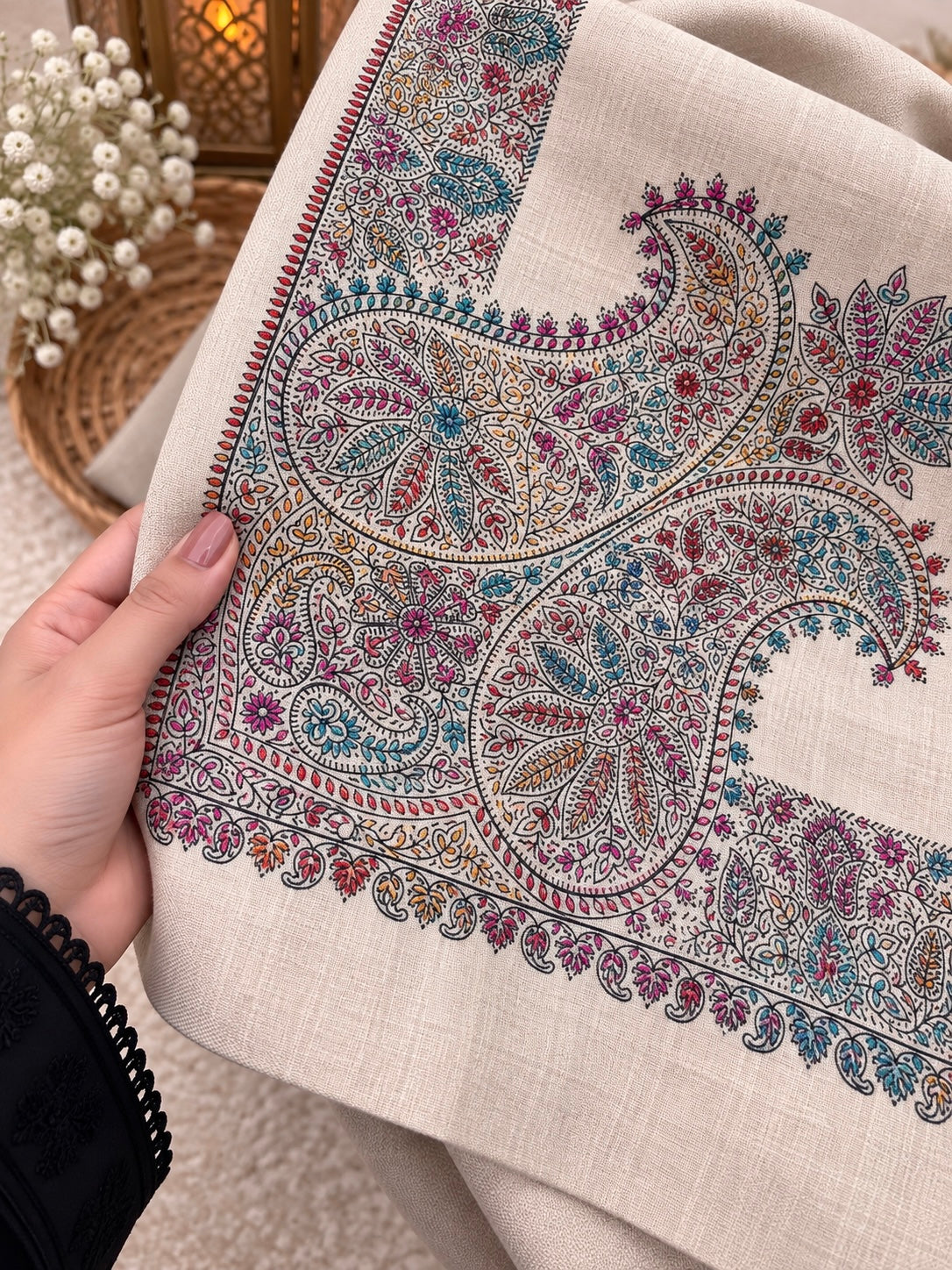 Original Pashmina Handmade Kachna Tanka Embroidery with Four Side Border - Shawl