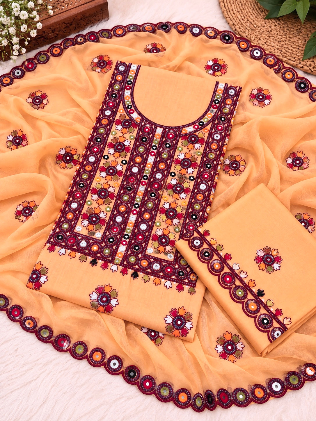 Multi Balochi Thick Thread Sitara Embroidered Soft Cotton with Cutwork Border Chiffon Dupatta - 3PC Unstitched Dress 👗