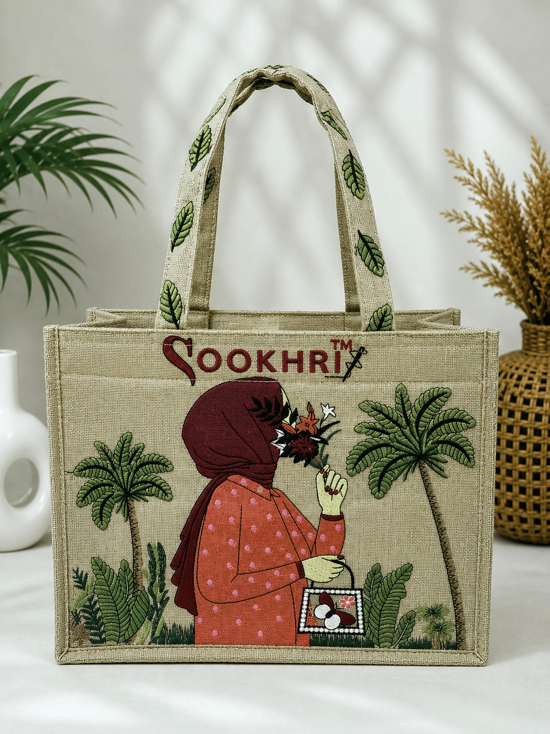 Sookhri Handcrafted Embroidered Jute Tote Bag for Women | Eco-Friendly Shopping & Everyday Handbag (15 Inches Length | 11.5 Inches Width)