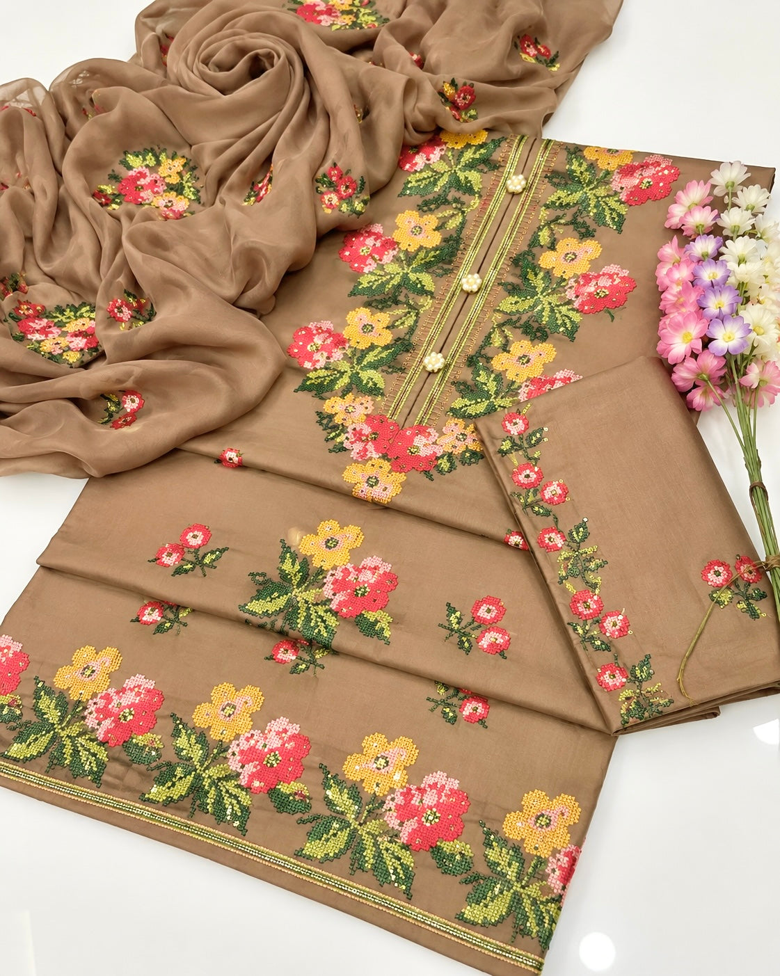 Cross Stitch Sequence Sitara Multi Floral Embroidery Soft Cotton with Chiffon Dupatta - 3PC Unstitched Dress 👗