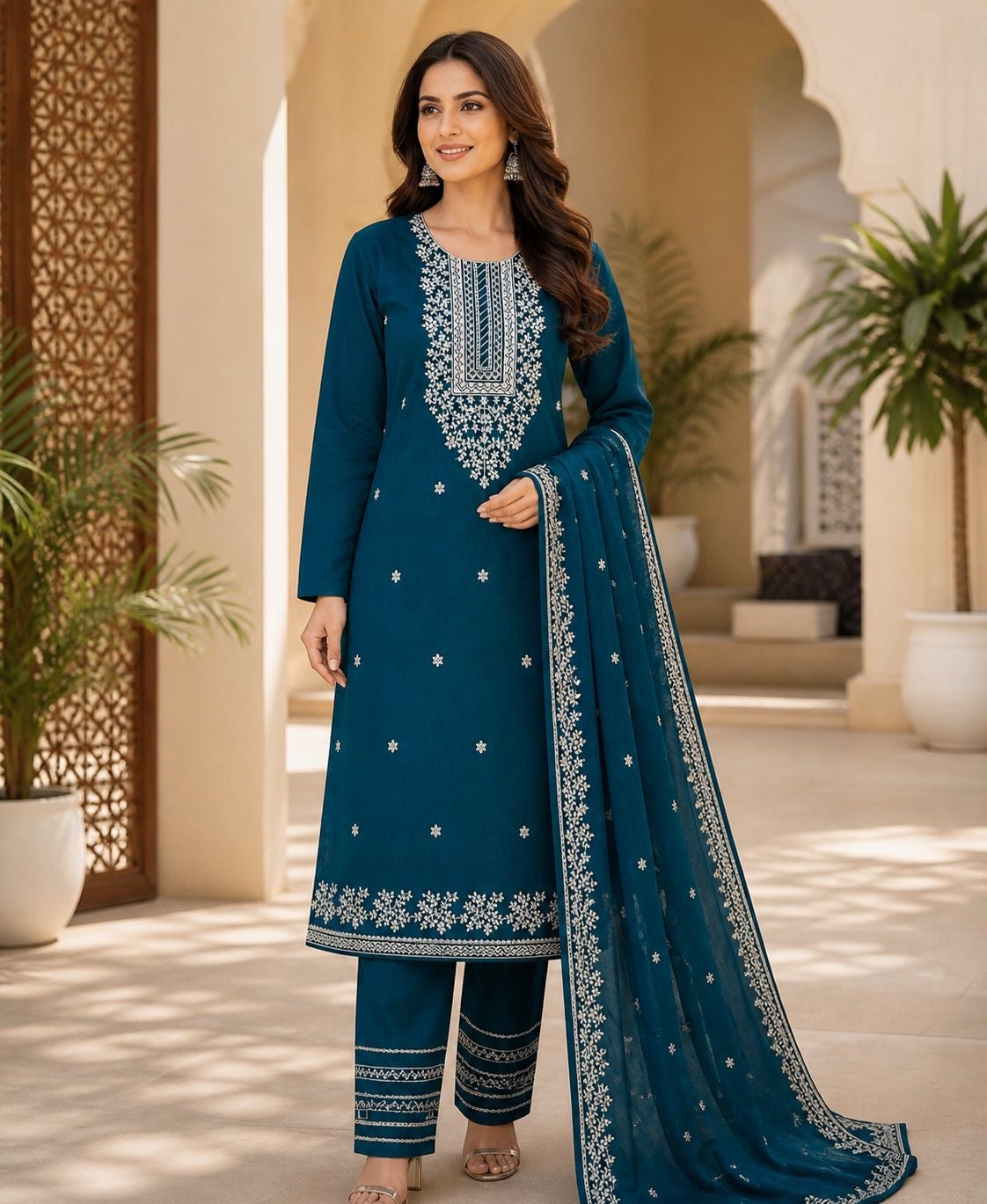 Applic Patti Zari Embroidered Lawn Cotton with Chiffon Dupatta - 3PC Unstitch Dress 👗