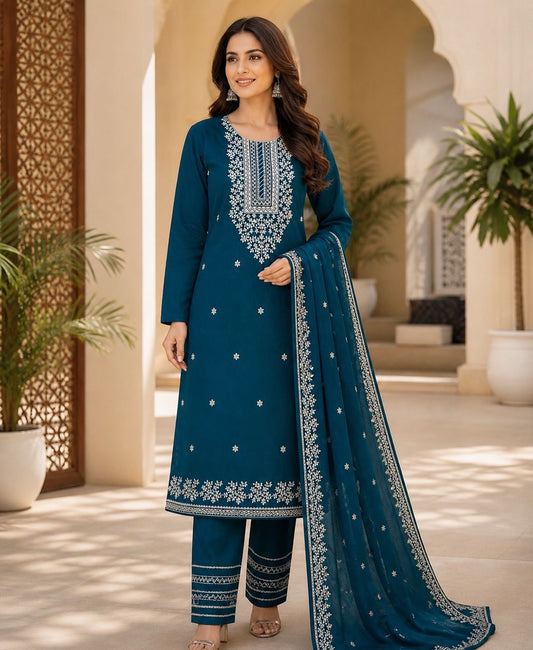 Applic Patti Zari Embroidered Lawn Cotton with Chiffon Dupatta - 3PC Unstitch Dress 👗