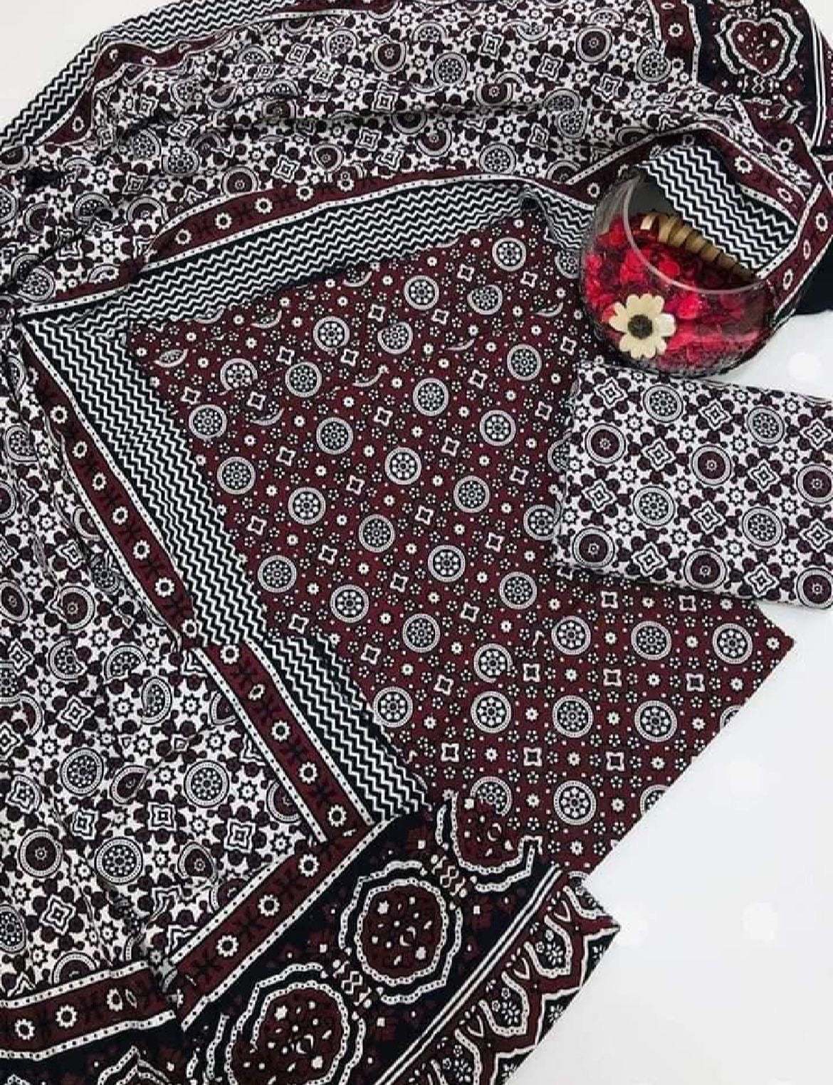 Hand Block Print Ajrak Cotton Unstitched 3-Piece Suit | All-Season Wear