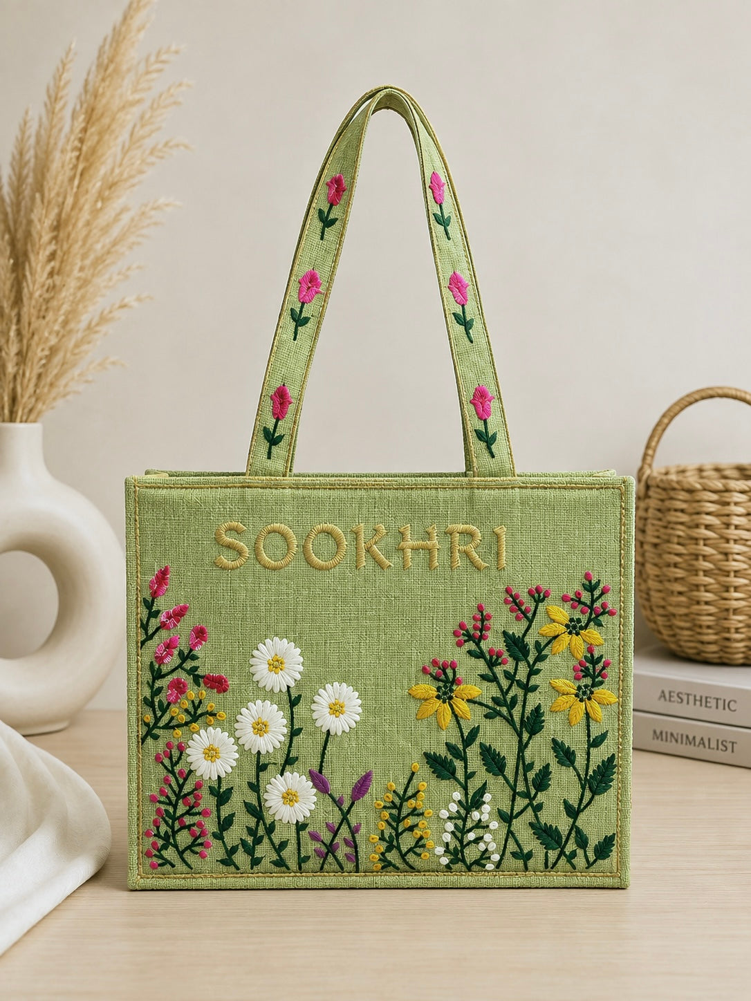 Floral Embroidered Jute Fabric Tote Bag – (14 Inches Length | 11 inches Width)