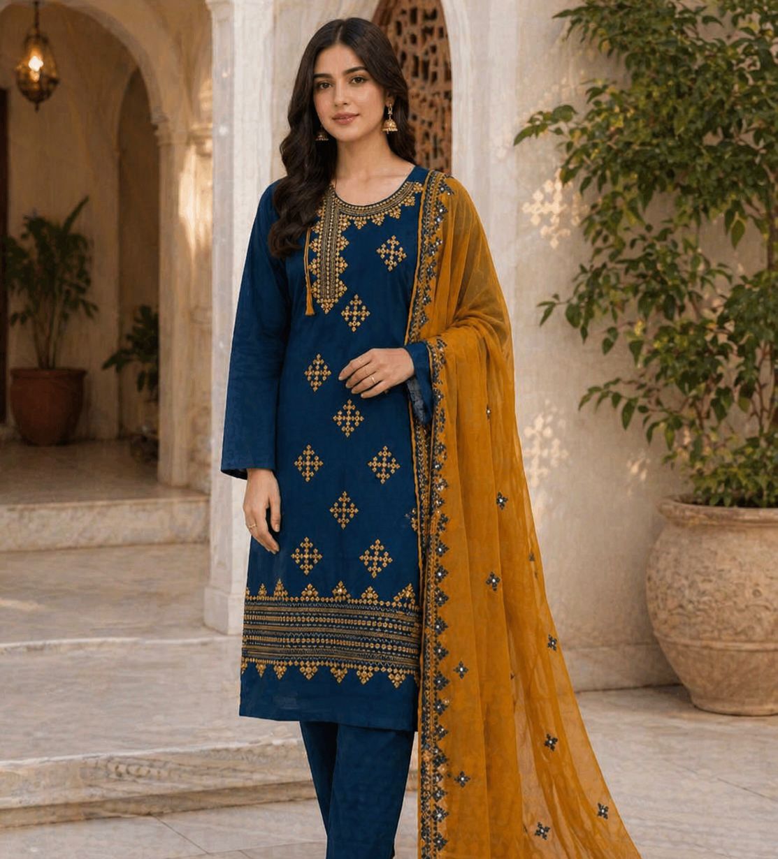 Angrakha Gala Style 9MM Sitara Embroidered Lawn Cotton with Contrast Chiffon Dupatta – 3PC Unstitch Dress 👗