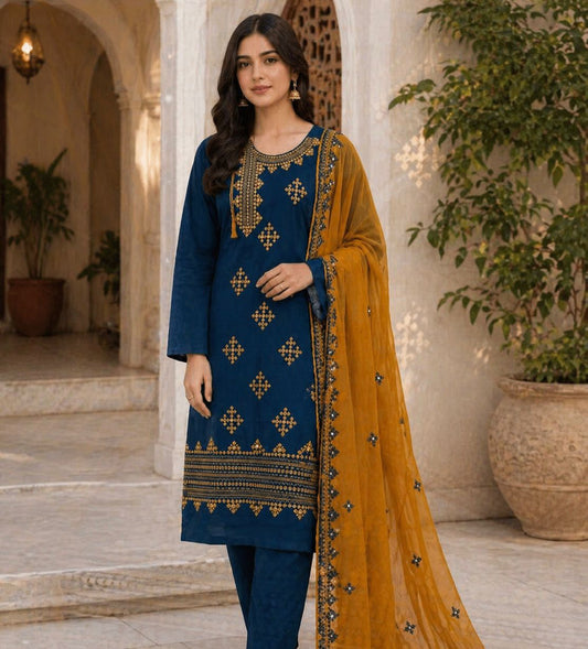 Angrakha Gala Style 9MM Sitara Embroidered Lawn Cotton with Contrast Chiffon Dupatta – 3PC Unstitch Dress 👗