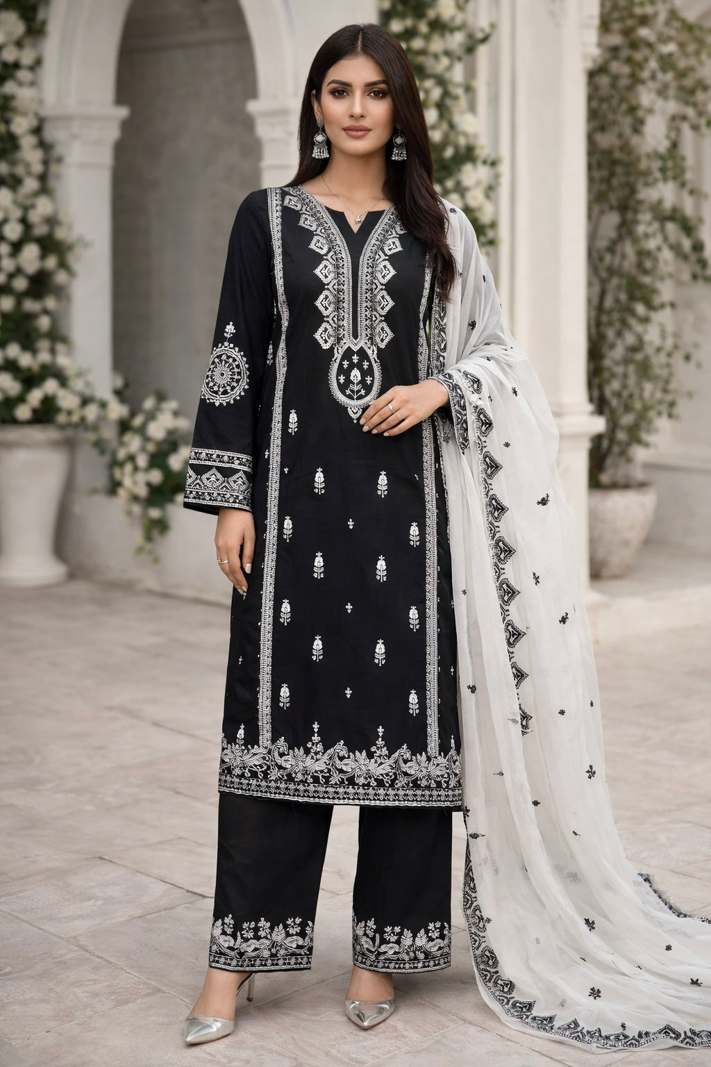 Black & White Kashmiri Embroidered Lawn 3 Piece Suit with Chiffon Dupatta – Unstitched