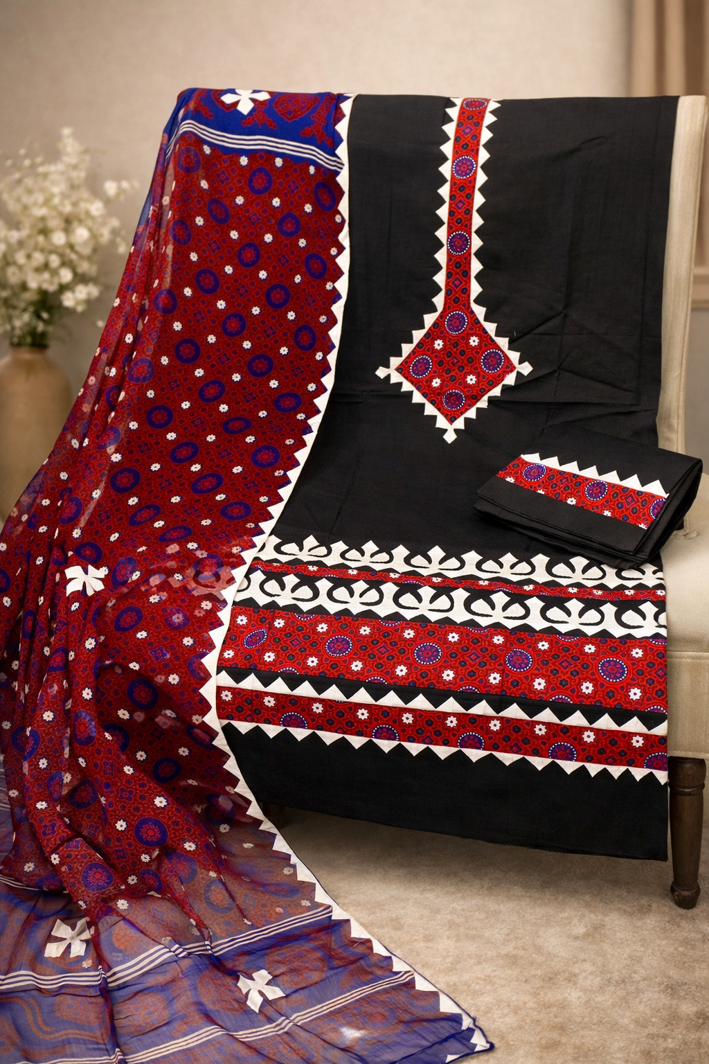 Ajrak Applic Work With Ajrak Dupatta Handmade Unstitched 3PC Dress