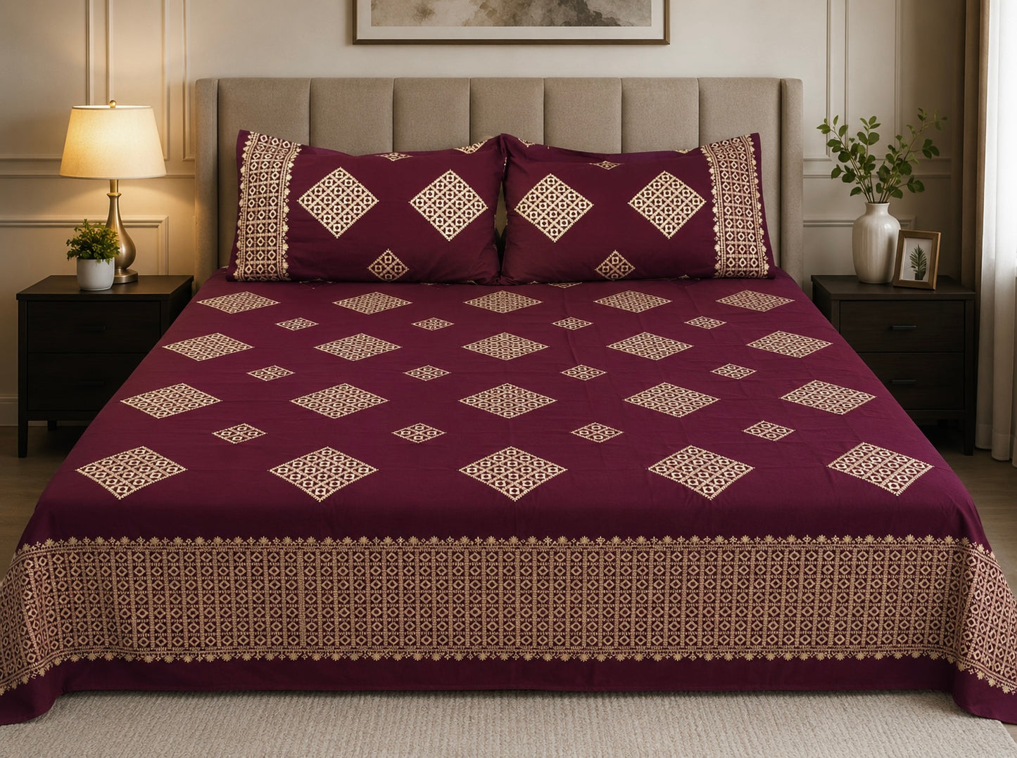 King Size Sindhi Hurmuch Heavy Embroidery Cotton Fabric Double Bed Bedsheet With Two Stitched Pillow Covers