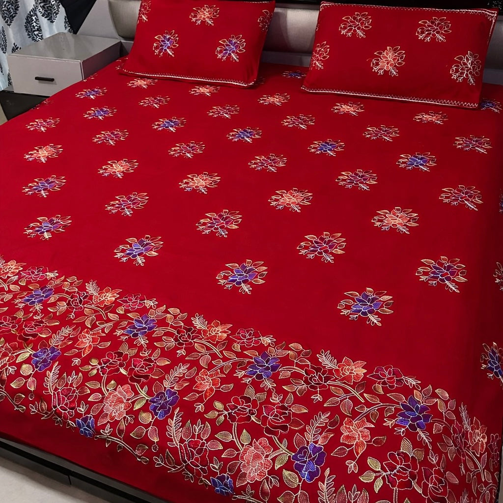 Premium Cotton King Size Multi Flower Jaal Embrodiery Double Bedsheet Set With 2 Stitched Pillow Covers