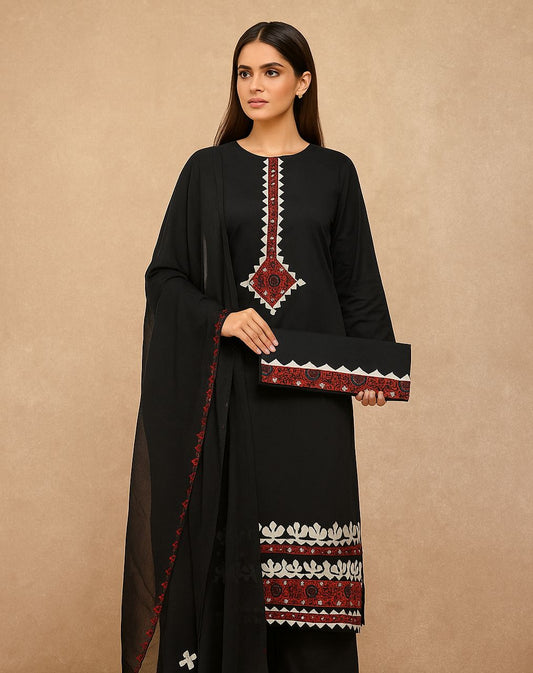 Luxury Handwork Ajrak Applique Dress – Black Edition | Cultural Festive Wear