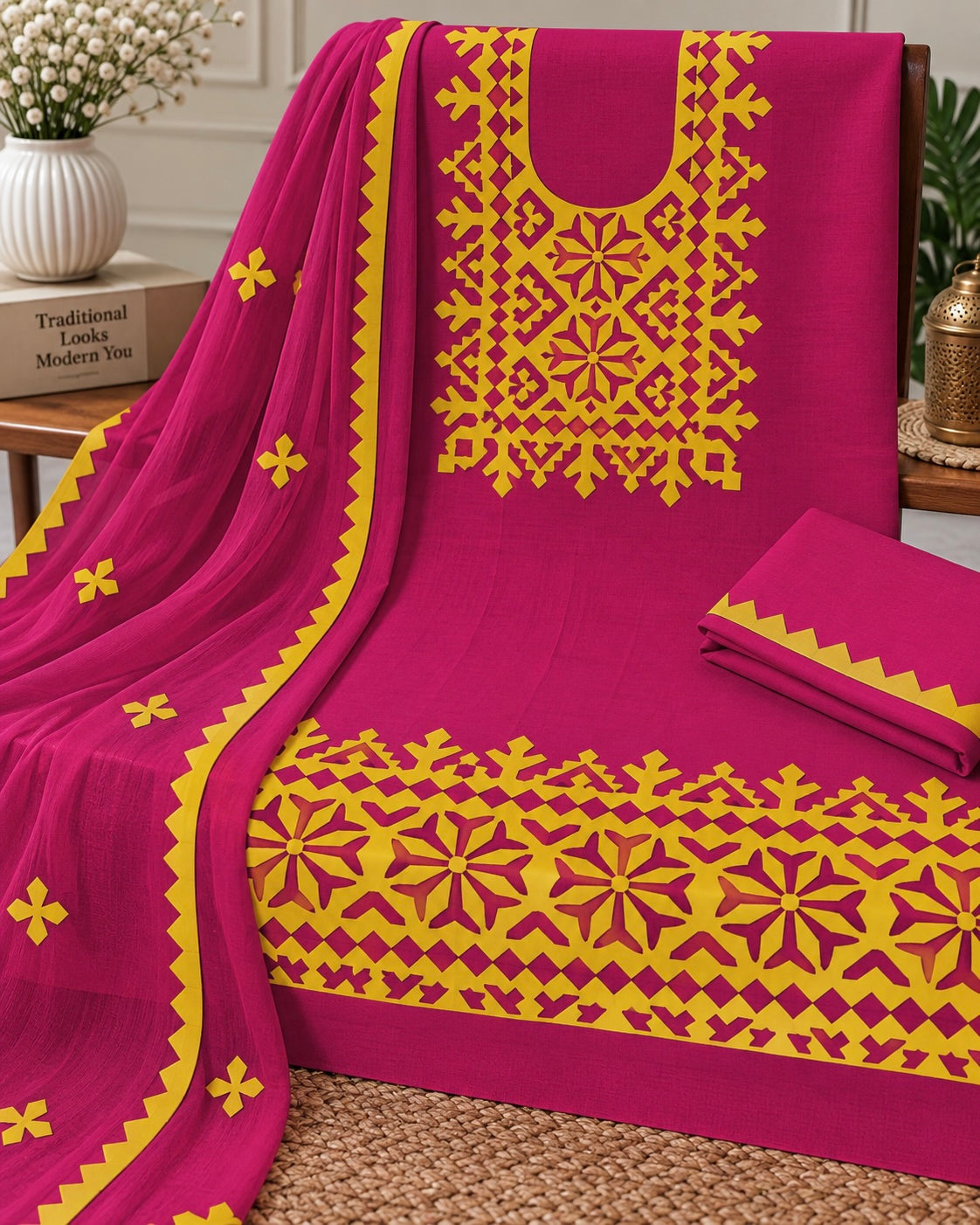 Pure Fancy Handmade Applique Work Soft Cotton Suit with Chiffon Dupatta – 3 Piece Unstitched Dress 👗