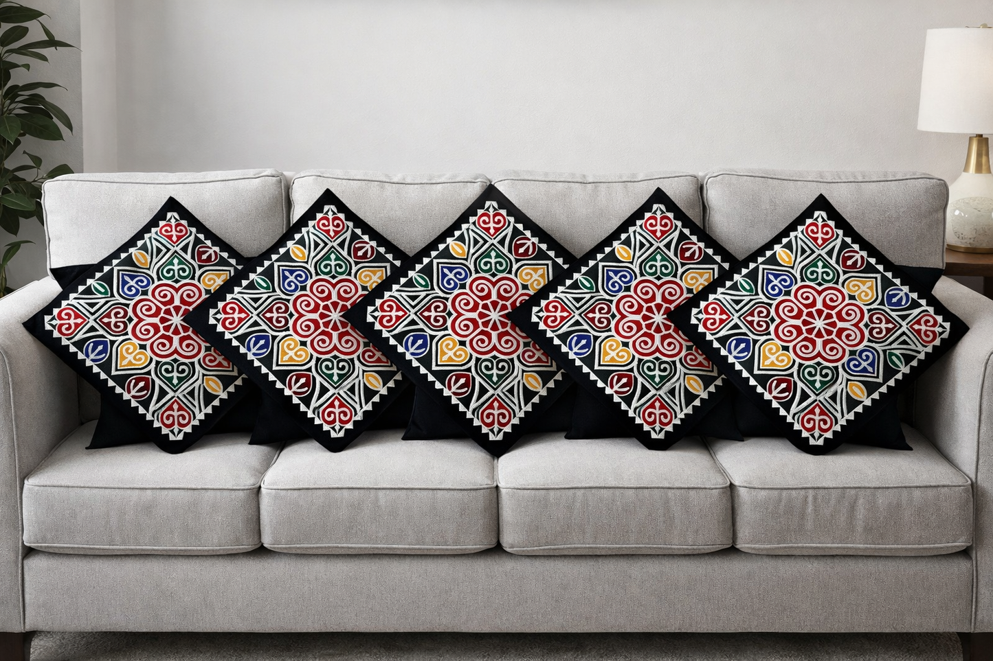 Traditional Embroidered Cushion Cover Set (5 Pieces) – 16x16 Inches