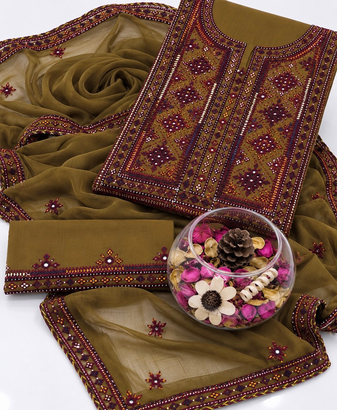 Balochi Handmade Mirror Work Soft Cotton Fabric Shirt & Trouser with Chiffon Dupatta | 3PC Unstitch Dress 👗