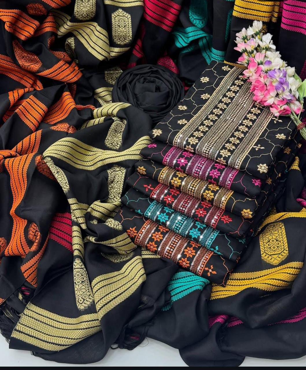 Winter Staple Sussi Suit with 3MM Sequence Sitara Computer Embroidery With Thari Shawl Jacquard Dupatta 3PC Dress 👗