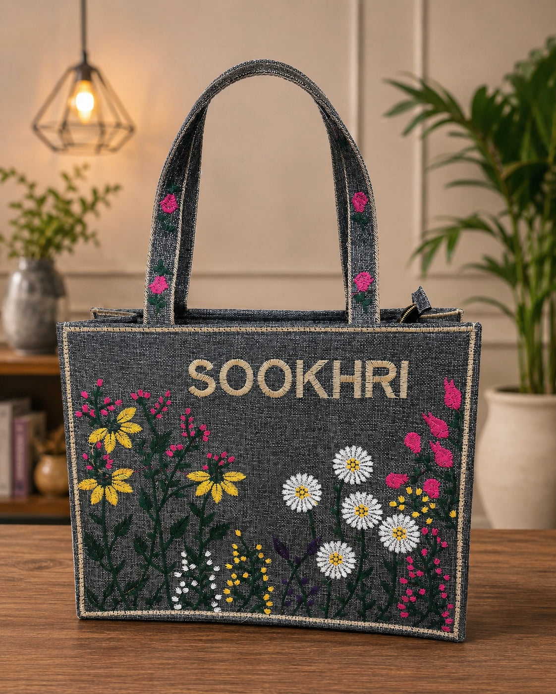 Floral Embroidered Jute Fabric Tote Bag – (14 Inches Length | 11 inches Width)