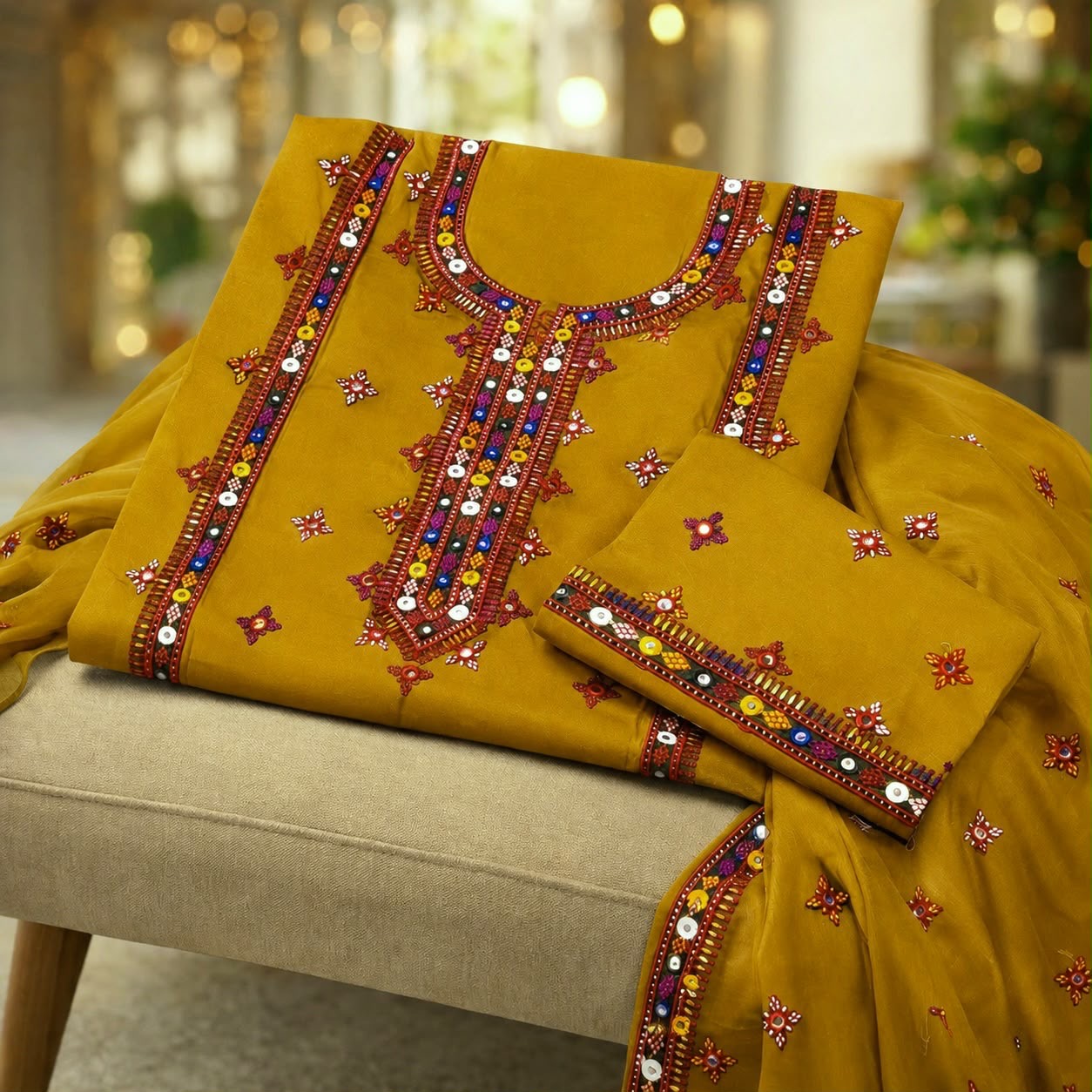 Balochi Gala Bail Daman 9MM Sitara Thick Thread Embroidered Lawn Cotton with Chiffon Dupatta - 3PC Unstitch Dress 👗