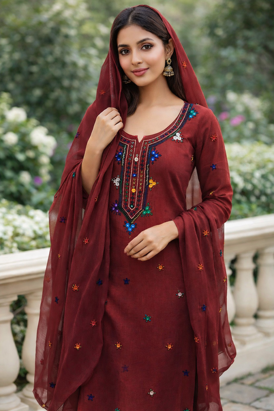 Balochi Gala Handwork 3-Piece Suit | Original Mirror Work | Soft Cotton & Chiffon Dupatta