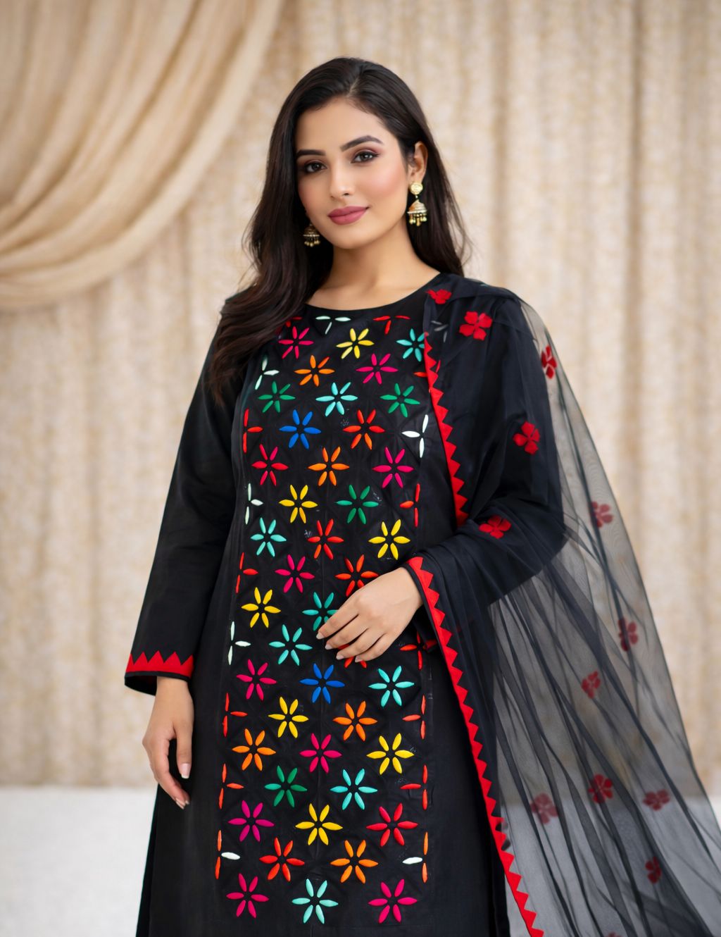 Black with Multi Flower Applic Net Front Panel Handwork Soft Cotton  with Applic Net Dupatta - 3PC Unstitch Dress 👗