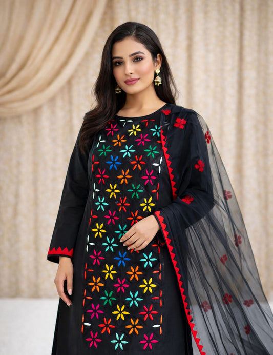 Black with Multi Flower Applic Net Front Panel Handwork Soft Cotton  with Applic Net Dupatta - 3PC Unstitch Dress 👗