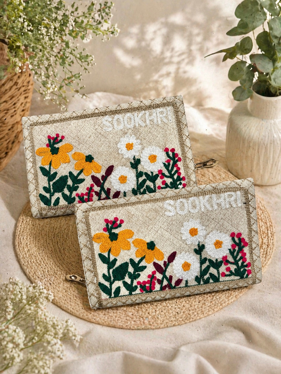 SOOKHRI Embroidered Velvet Clutch – Floral Zipper Wallet (Pair of 2)