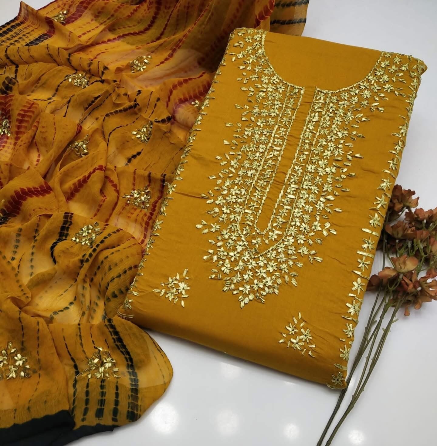 Gotta Work Handmade Lawn Stuff with Chiffon Tie-Dye Dupatta 3PC Unsticthed Dress