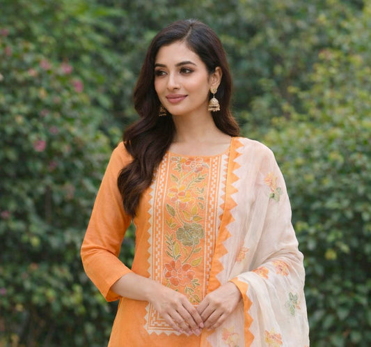 Embroidered 3-Piece Suit with White Applic Work | Soft Cotton Shirt & Trouser with Chiffon Dupatta