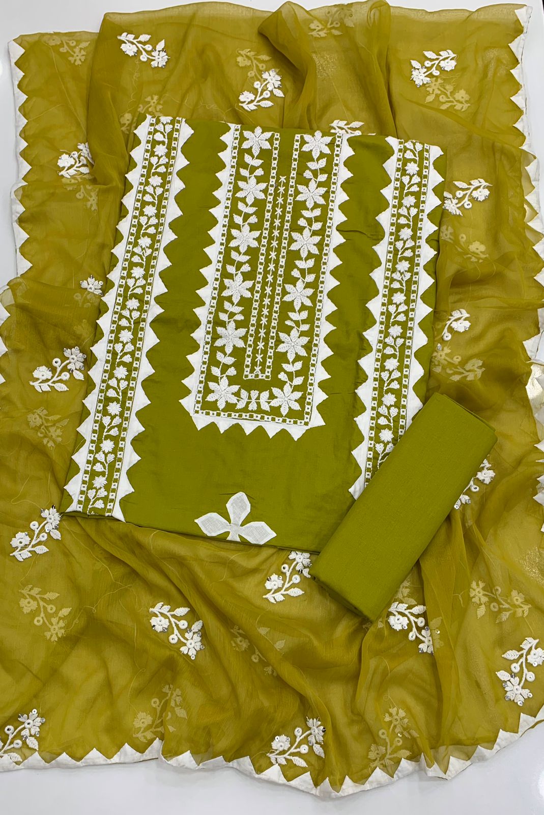 Elegant Applic+Thick Thread Work 3-Piece Cotton Suit