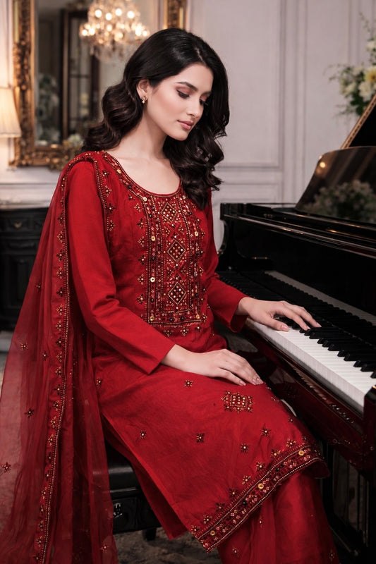 Balochi Thick Thread 9MM Sitara Embroidered Lawn Cotton with Chiffon Dupatta -3PC Unstitch Dress 👗