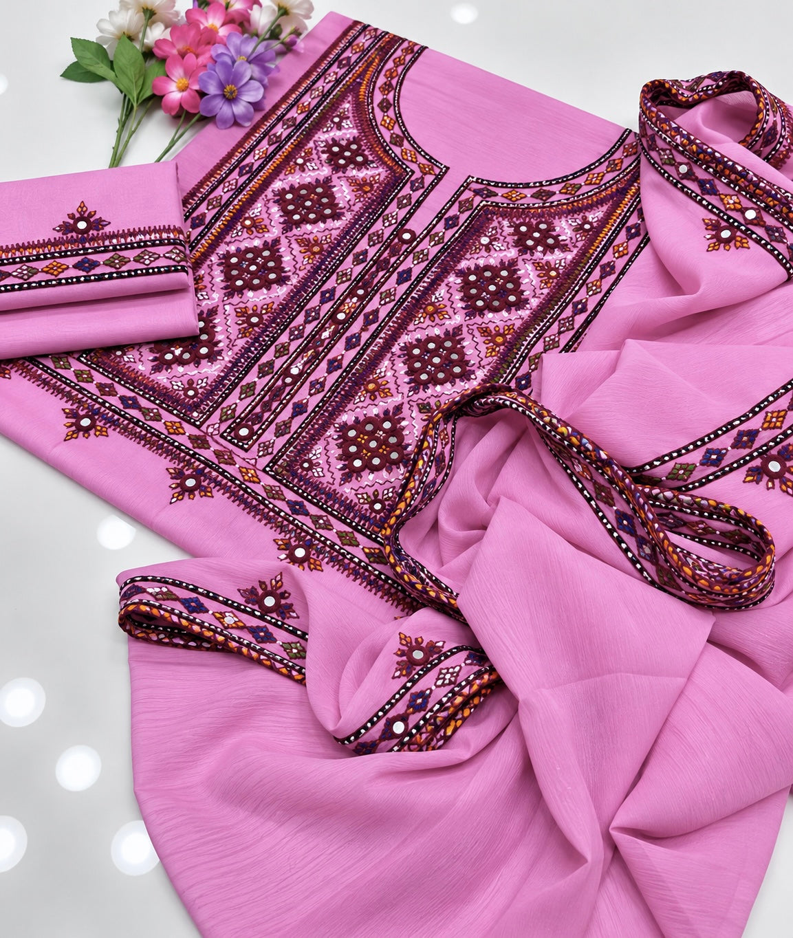 Balochi Handmade Mirror Work Soft Cotton Fabric Shirt & Trouser with Chiffon Dupatta | 3PC Unstitch Dress 👗