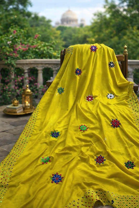 Handmade 4 Side Border Multi Tanka Floral Mirror Work Chaddar – Swiss Voile Fabric