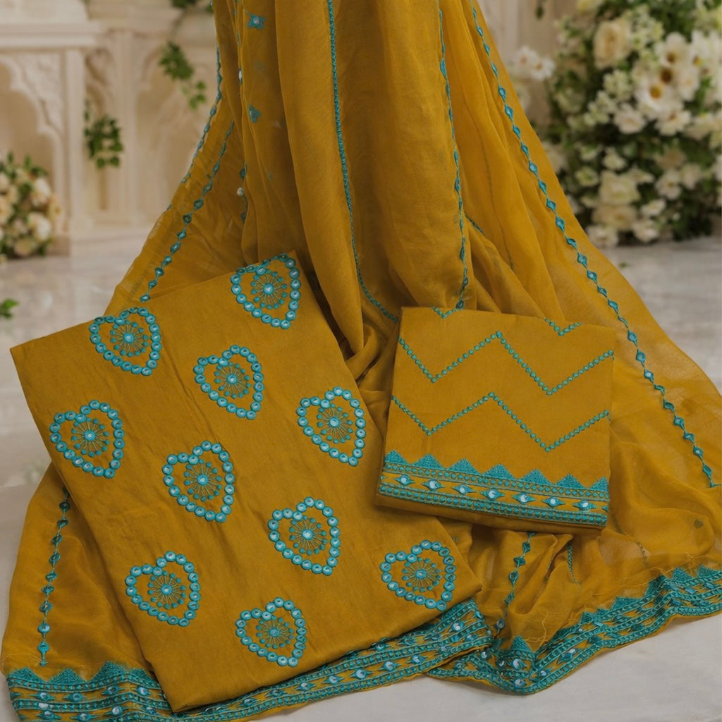 3-Piece Suit with 9mm Sitara Heart Embroidery | Lawn Cotton Shirt & Trouser with Fancy Chiffon Dupatta
