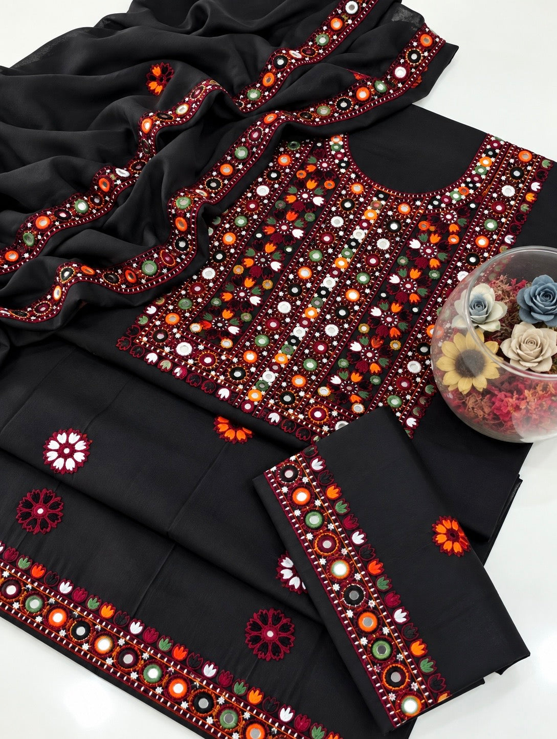 Balochi Multi Thick Thread 9MM Sitara Heavy Embroidered Soft Cotton with Chiffon Dupatta – 3PC Unstitched Dress