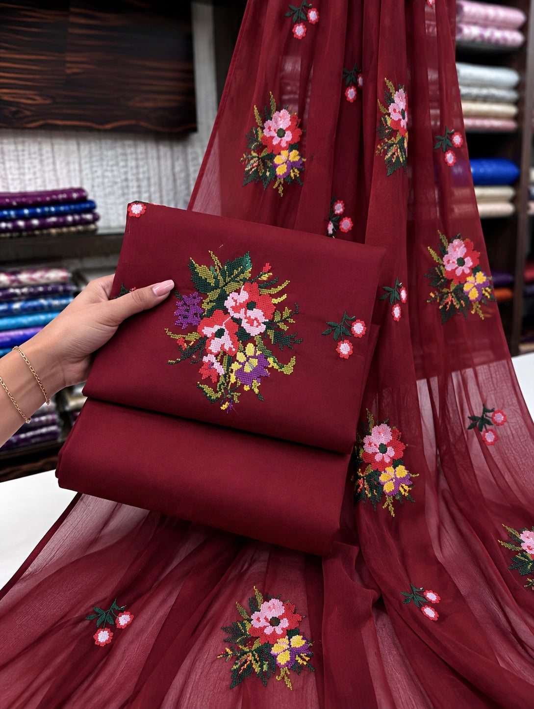 Cross Stitch Multi-Flower Embroidered Soft Cotton with Chiffon Dupatta - 3PC Unstitched Dress 👗