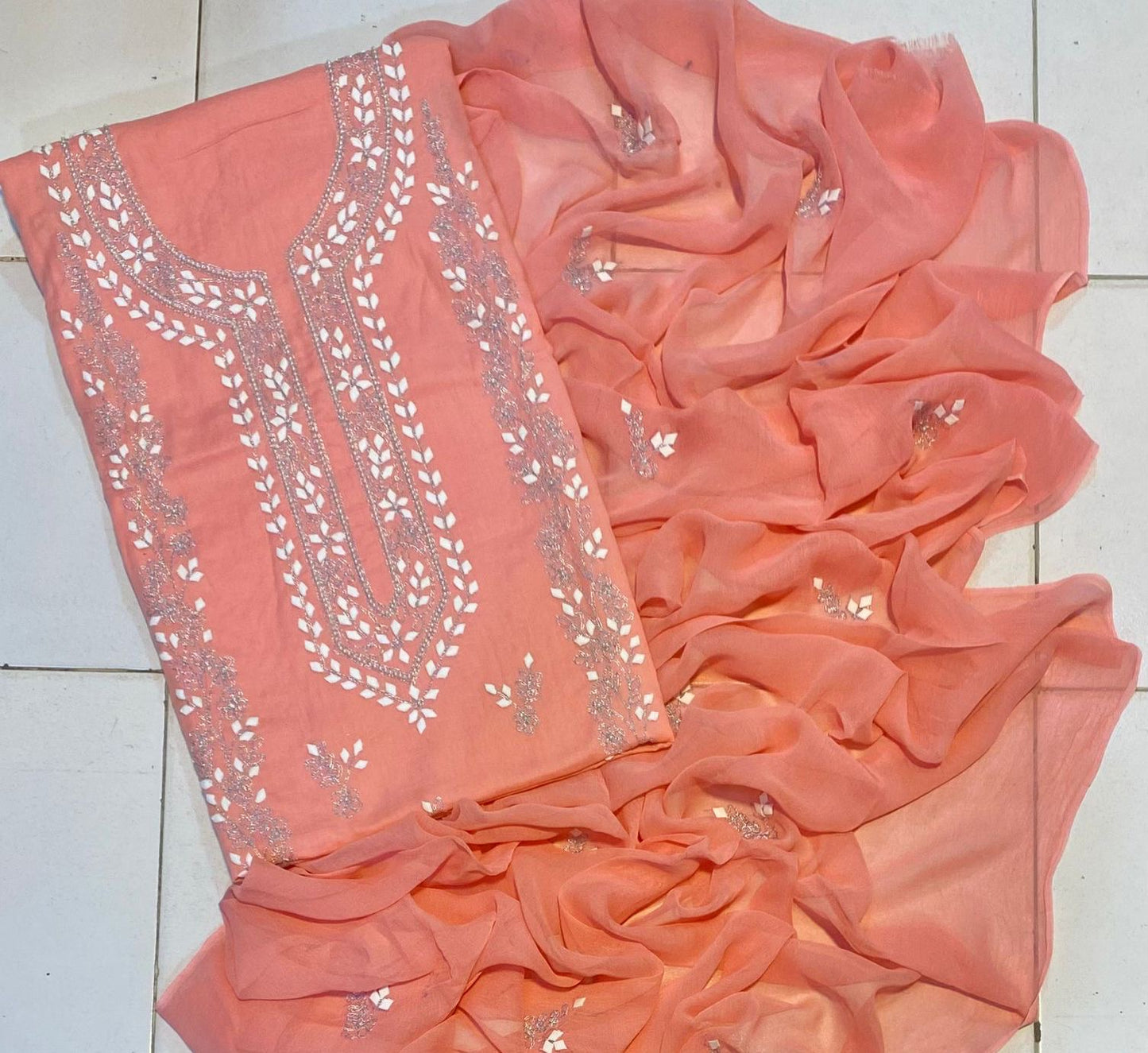 Handmade Applique Leaf, Zari & Pearl Work Lawn Fabric With Chiffon Dupatta 3PC Dress