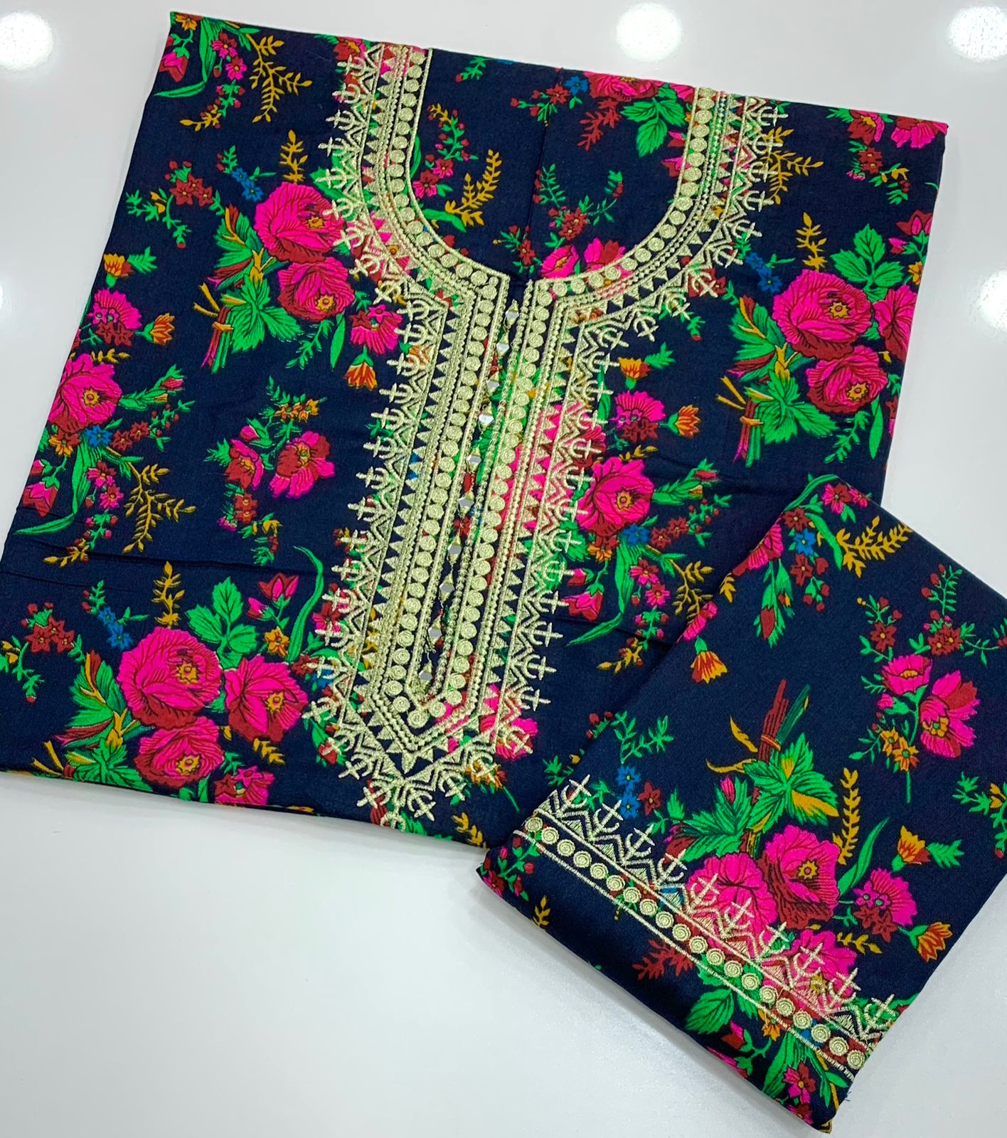 Winter 2-Piece Acrylic Marina Floral Print Suit with Zari Mirror Work