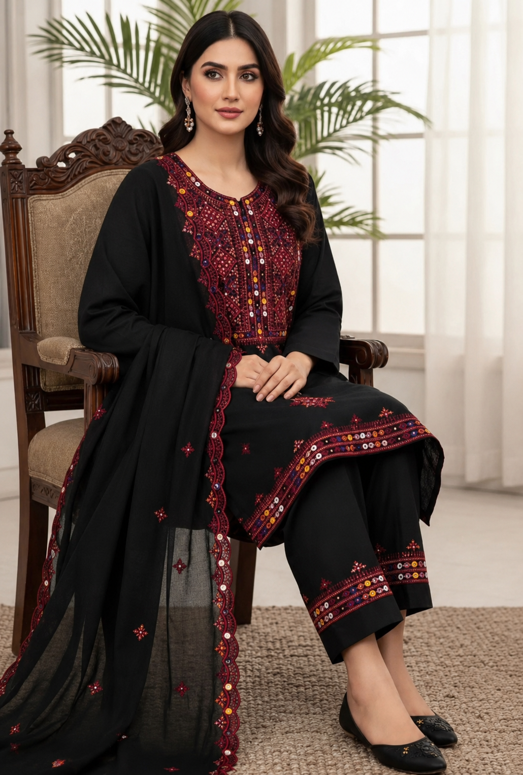 Balochi Thick Thread 9MM Sitara Work Machine Embroidered Soft Cotton with Two Side Cutwork Border Chiffon Dupatta - 3PC Unstitched Dress 👗